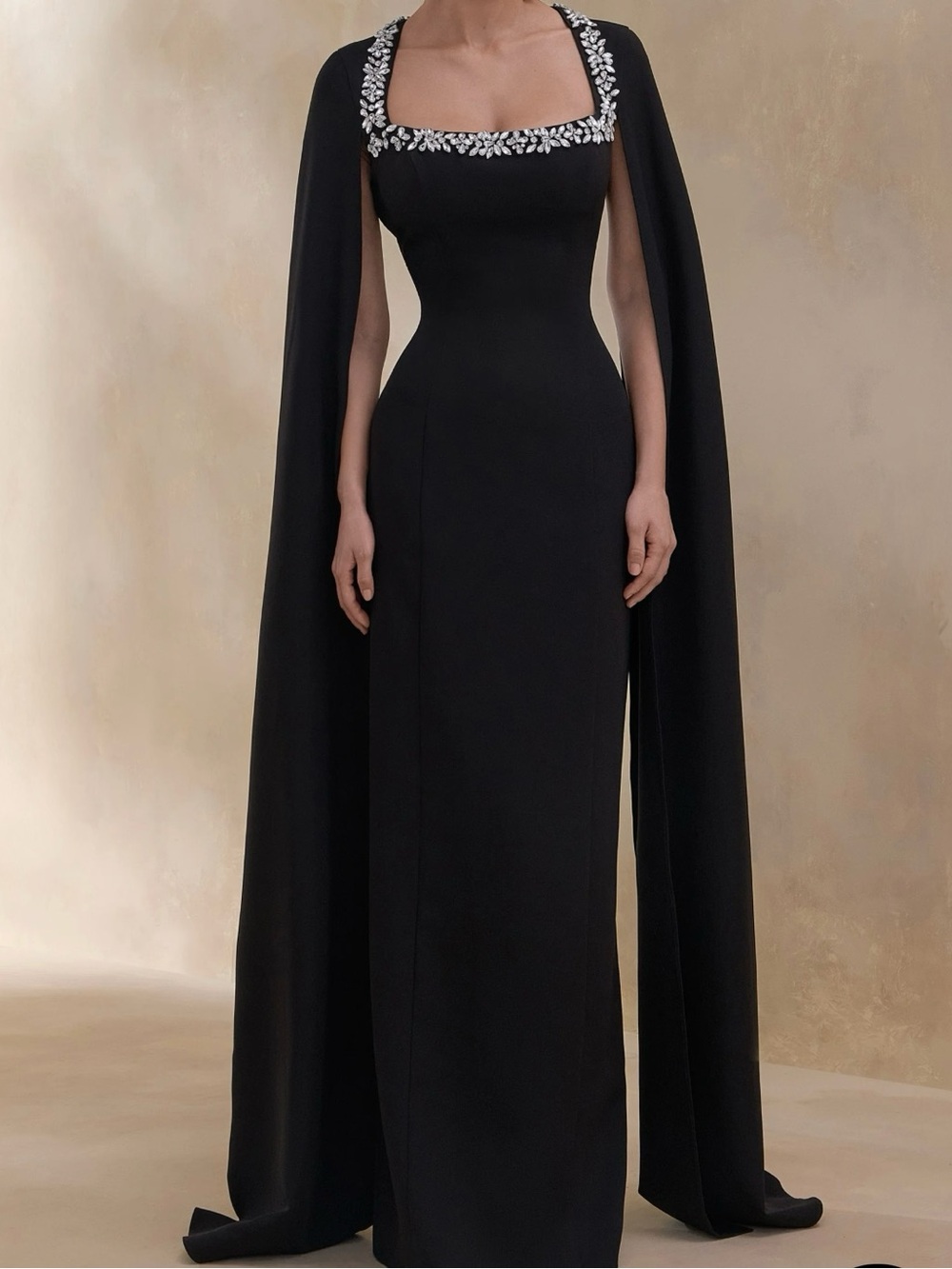 Club London Black Gown with Embellished Square Neck